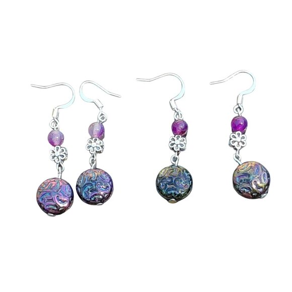 Czech glass pressed floral disk dyed agate beads 925 silver plated wires - Picture 1 of 2